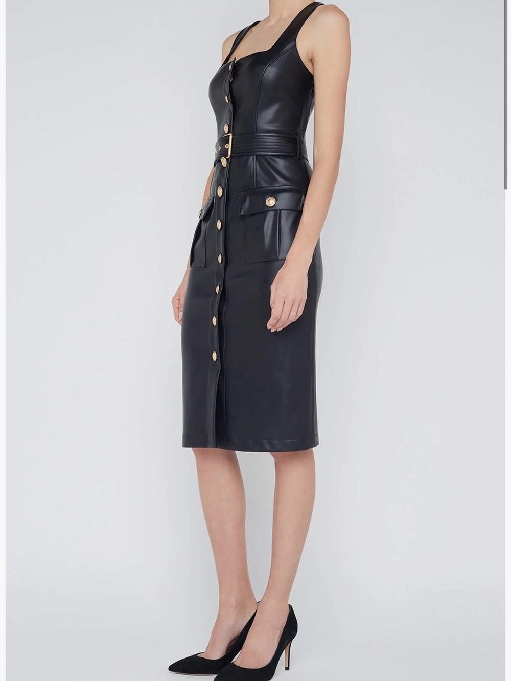 L'AGENCE Black Faux-Leather Button-Front Midi Dress with Gold Buttons